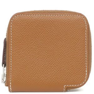 エルメス HERMES コインケース アザップ シルクイン ミニ コンパクト ヴォーエプソン ゴールド シルバー金具 茶 ラウンドファスナー Z刻印 【箱】 【中古】中古美品