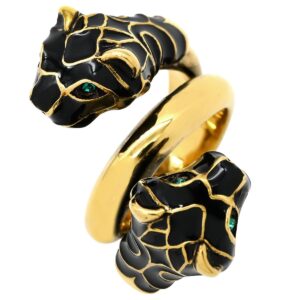 グッチ GUCCI リング 指輪 ダブルタイガーヘッド メタル エナメル 色石 ブラック×ゴールド エナメル ゴールド 虎 トラ とら ラップアラウンド 二重 2連 ミケーレ 9号 【箱】 【中古】