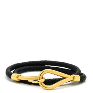 エルメス HERMES チョーカー ジャンボ レザー メタル ブラック×ゴールド 黒 二連ブレスレット 編み込み 【中古】中古品